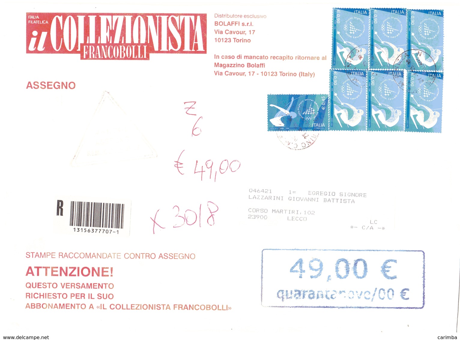 STAMPE RACCOMANDATE ASSEGNO CON 6 X €0,90 E €0,45 TORINO 2006 - Inverno2006: Torino