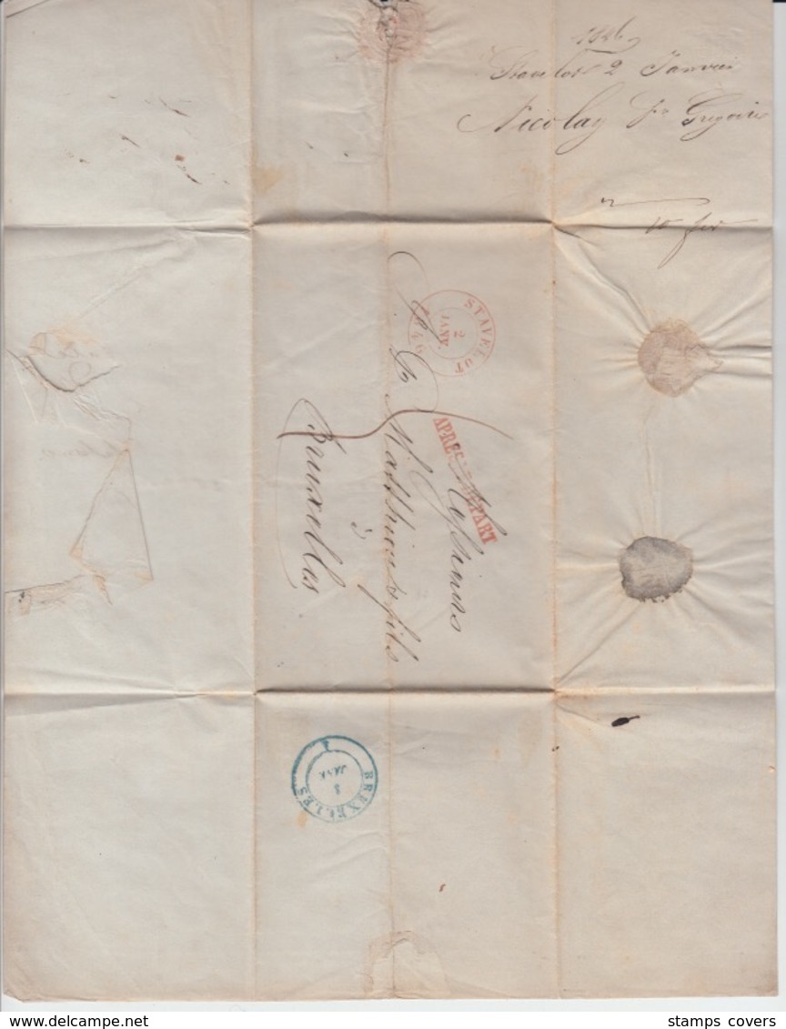 BELGIUM USED COVER 2 JANVIER 1846 STAVELOT BRUXELLES APRES LE DEPART - 1830-1849 (Belgique Indépendante)