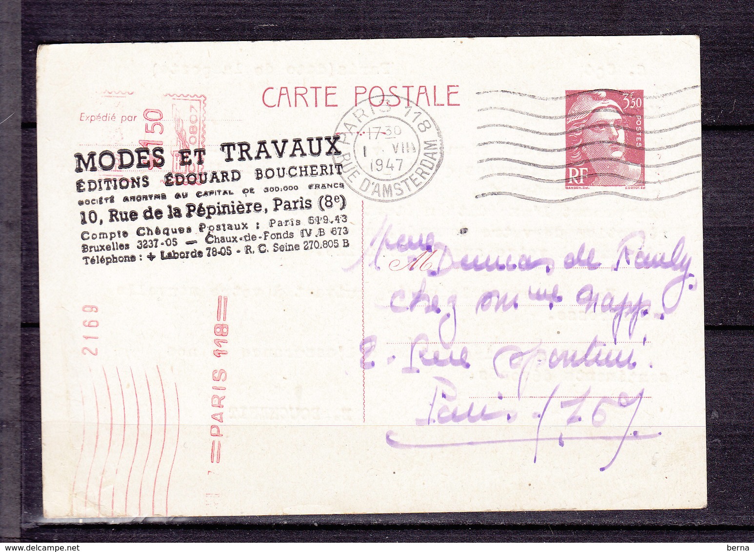 CARTE POSTALE ENTIER GANDON REPIQUAGE MODE ET TRAVAUX AVEC COMPLEMENT AFFRANCHISSEMENT MECANIQUE - Overprinter Postcards (before 1995)