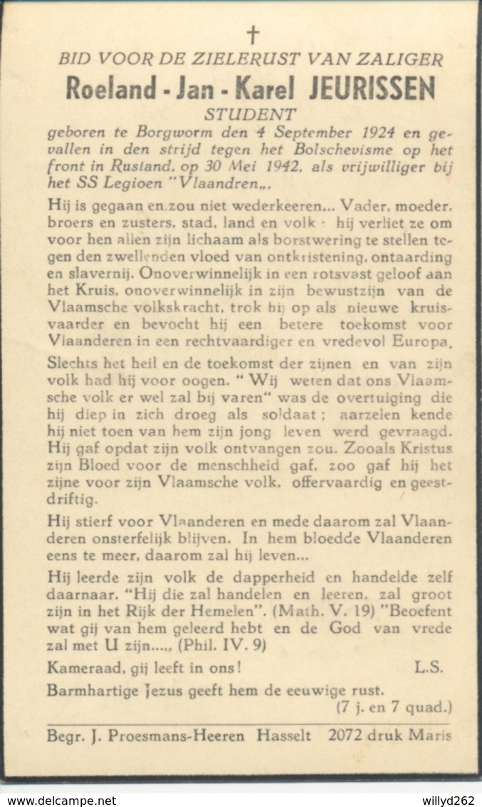 DP Oorlog - WOII - Collaboratie Oostfronter - Roeland JEURISSEN ° Borgworm 1924 + Front Rusland 30/5/1942 - Religion & Esotérisme