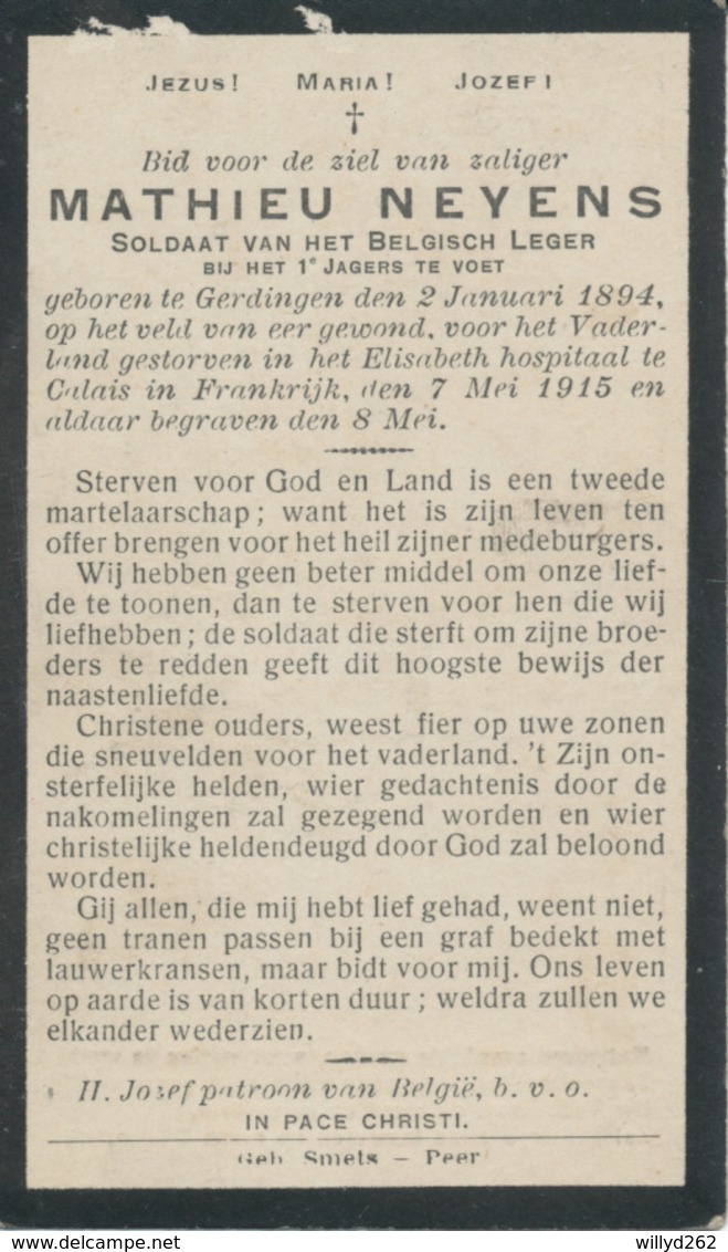 DP Oorlog - WOI - Mathieu NEYENS ° Gerdingen 1894 - Gewond Op Het Veld Van Eer En + Voor Vaderland Te Calais 7 Mei 1915 - Religion & Esotérisme