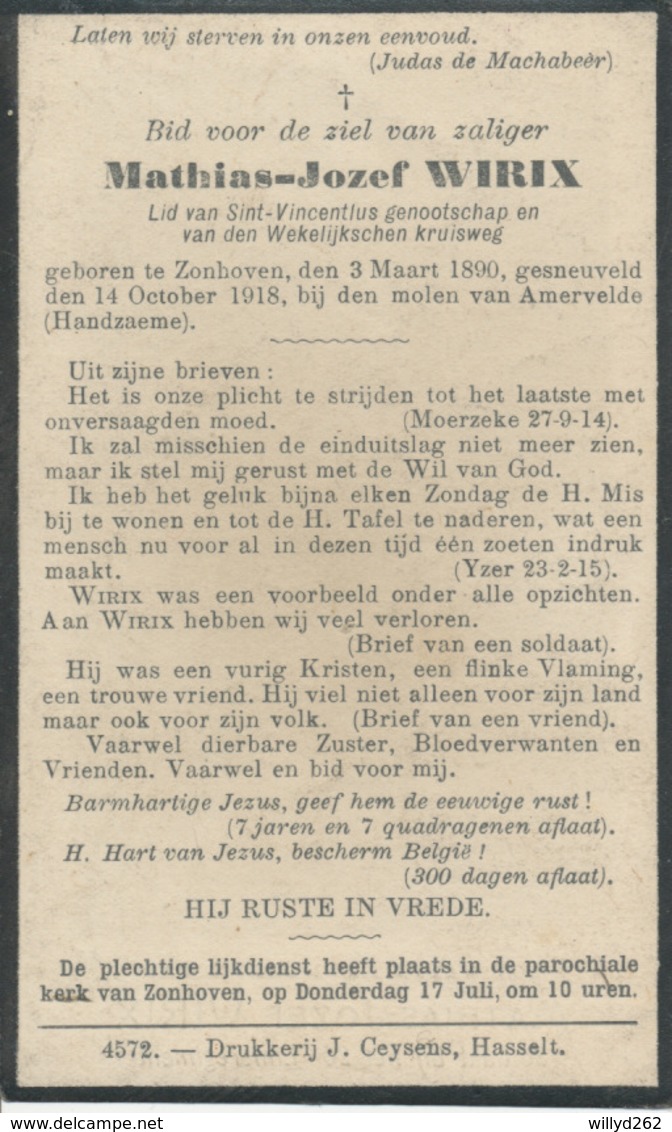 DP Oorlog - WOI - Mathias Jozef WIRIX ° Zonhoven 1890 - Gesneuveld Aan De Molen Van Amervelde Handzame 14/10/1918 - Religion & Esotérisme
