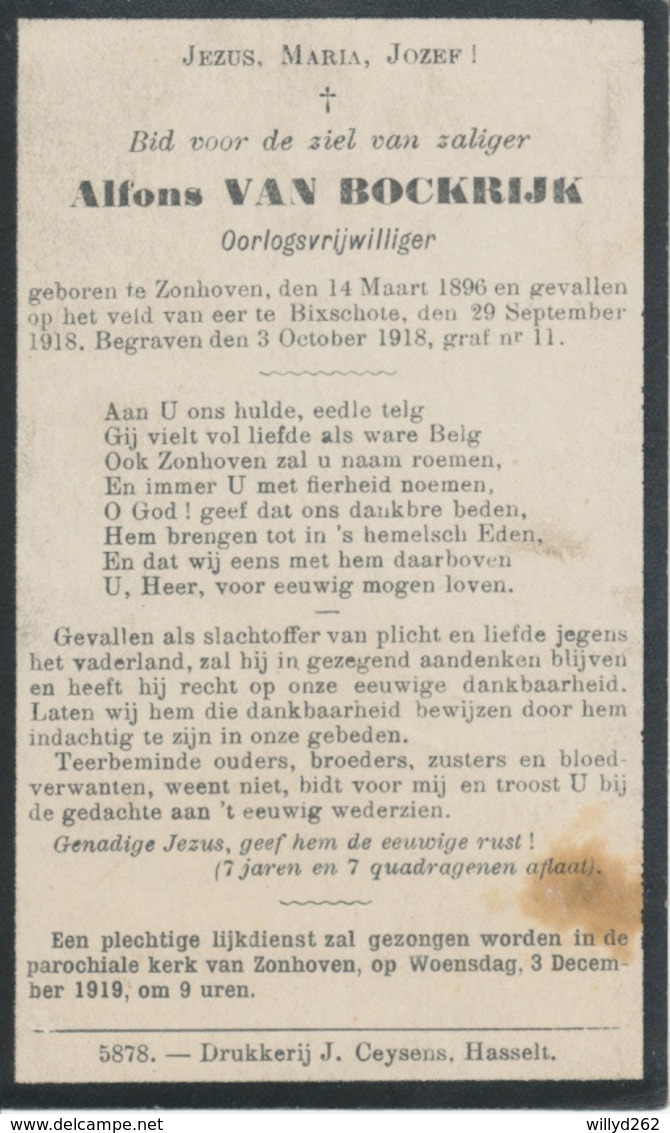 DP Oorlog - WOI - Alfons VAN BOCKRIJK Oorlogsvrijwilliger ° Zonhoven 1896 Gesneuveld Bikschote 3/10/1918 - Religione & Esoterismo