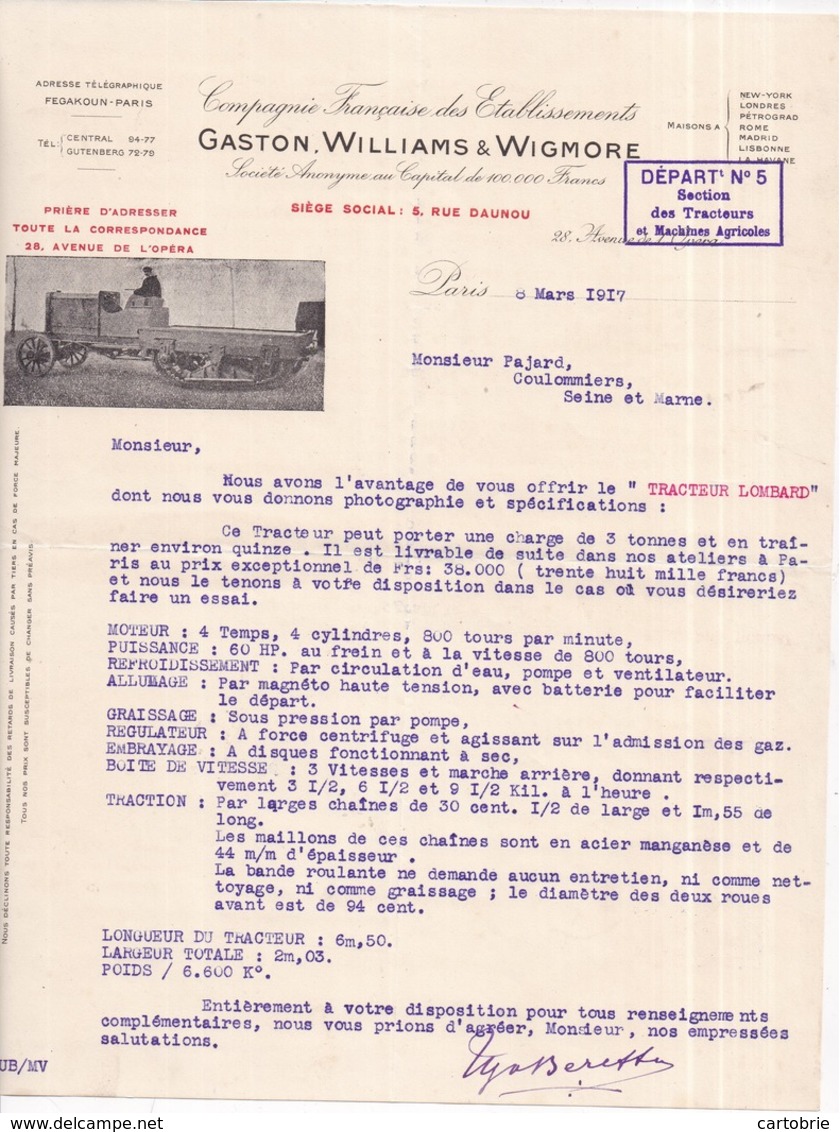 Tracteur LOMBARD - Lettre Illustrée De La Cie GASTON, WILLIAMS & WIGMORE - 8 Mars 1917 - Trattori