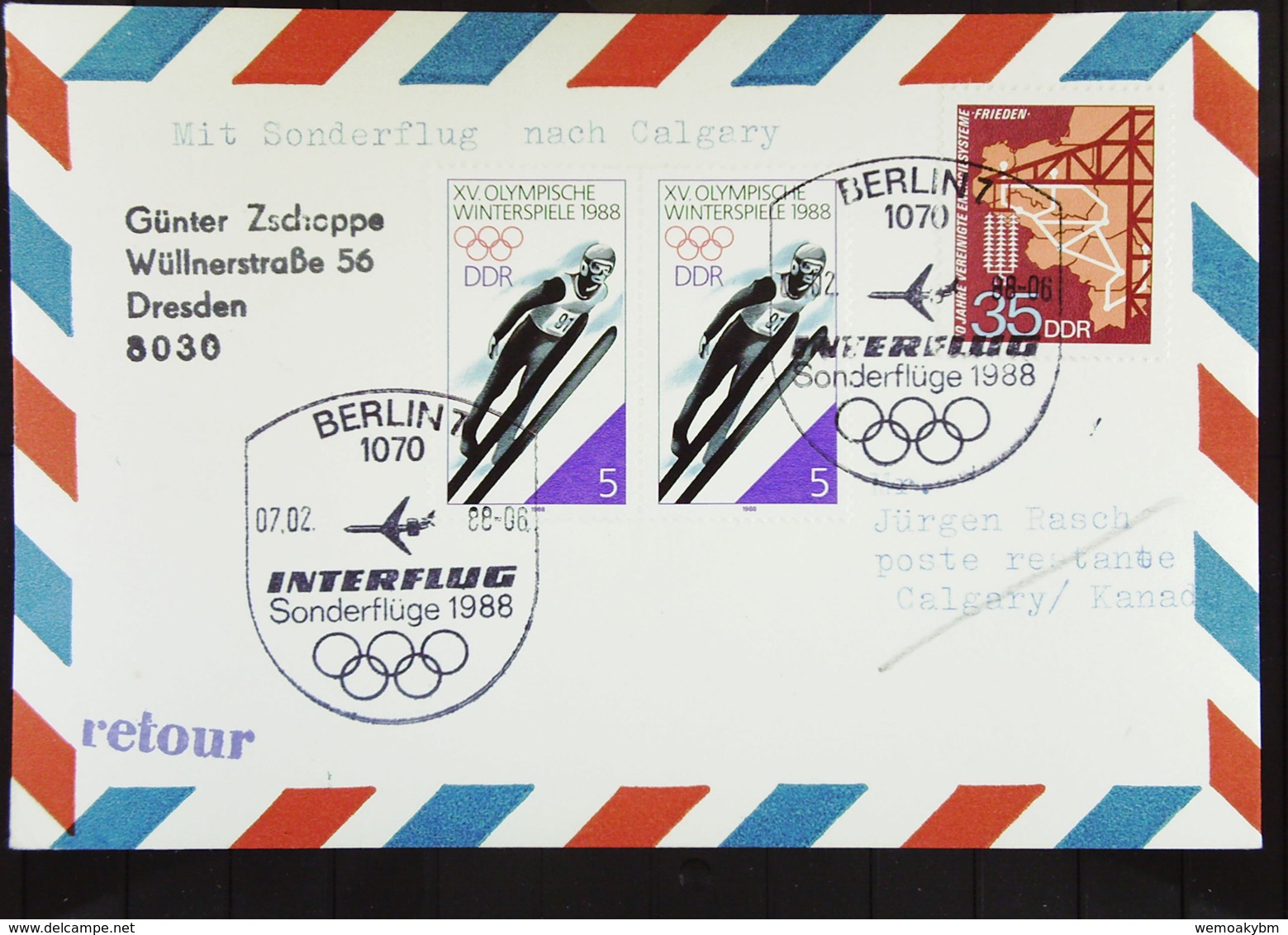 DDR: Lp-Karte Zu Den Olymp. Spielen 1988 Nach Calgary So-St. 1070 Berlin 7.2.88. Letzte Teilnahme Eines DDR-Teams Winter - Posta Aerea