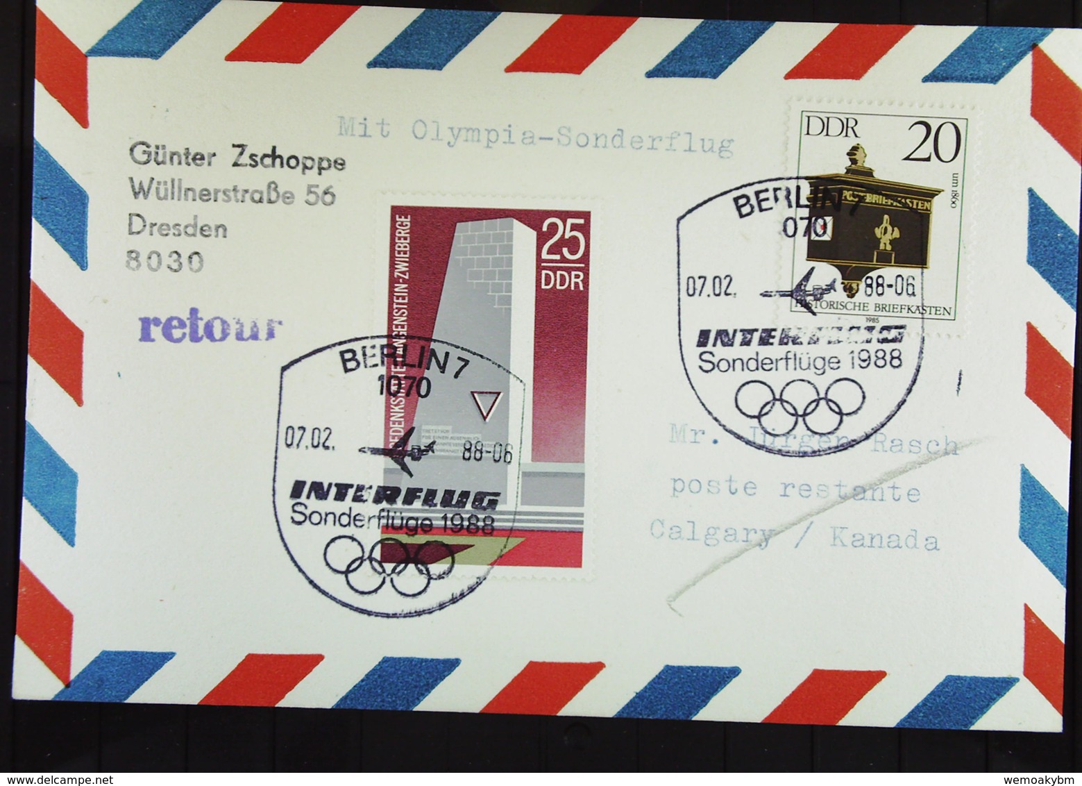 DDR: Lp-Karte Zu Den Olymp. Spielen 1988 Nach Calgary So-St. 1070 Berlin 7.2.88. Letzte Teilnahme Eines DDR-Teams Winter - Poste Aérienne
