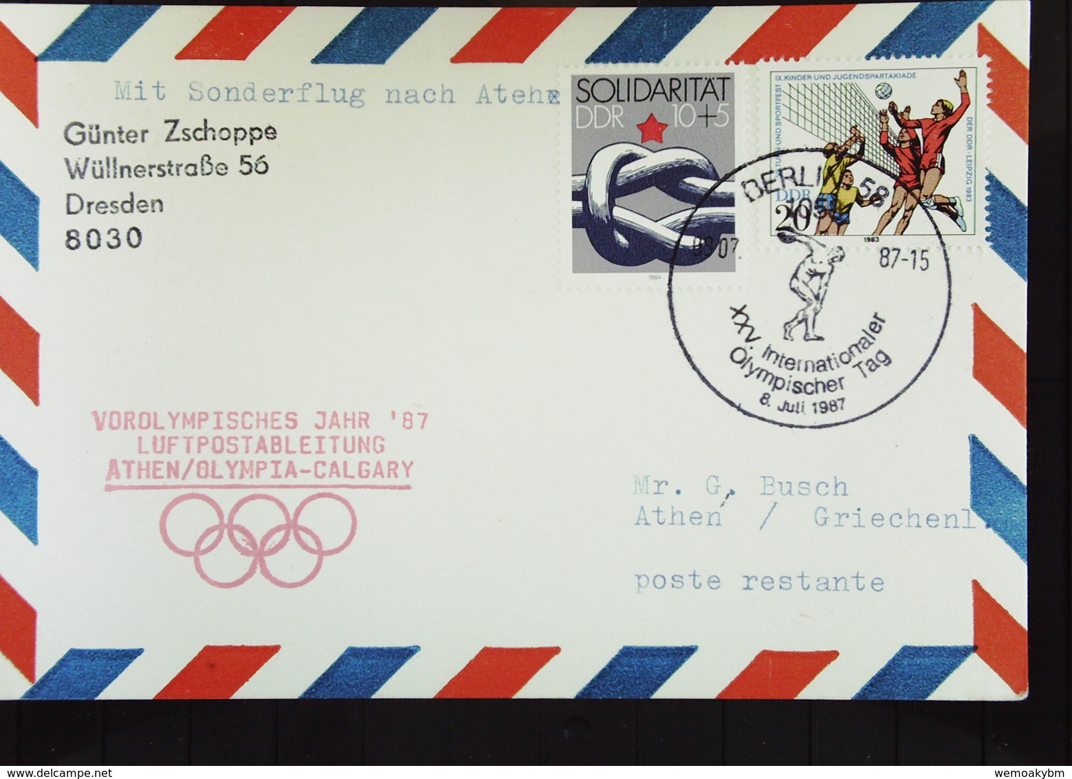 DDR: Lp-Kte Nach Athen SoSt. XXV. Int. Olymp. Tag, Roter Chachet "Vorolymp.Jahr `87" Letzte Vorber. Som-Spiele Mit DDR - Airmail