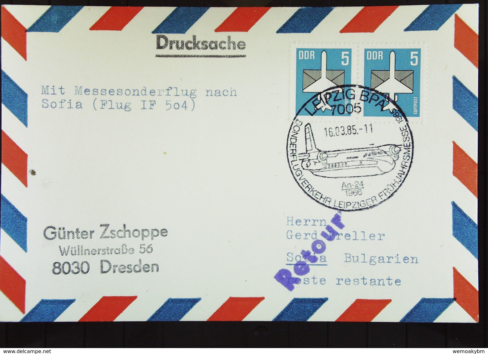 DDR: Lp-Karte Mit So-St. Frühjahrs-Messe 1985 Mit Flugzeugabb. AN-24 Nach Sofia Als Ds-Kt (5+5 Pf) Portogenau V. 16.3.85 - Poste Aérienne