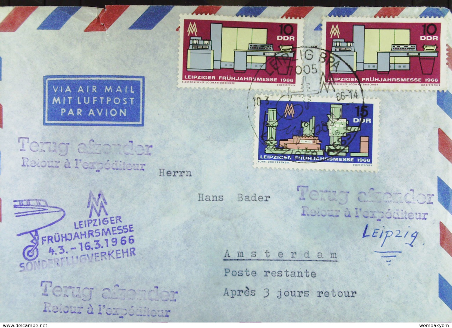 DDR: Lp-Brief Mit So-St. Frühjahrs-Messe 1966 Mit Flugzeugabbildung Nach Amsterdam Vom 10.3.66, Rs. Eingangsstpl. - Poste Aérienne