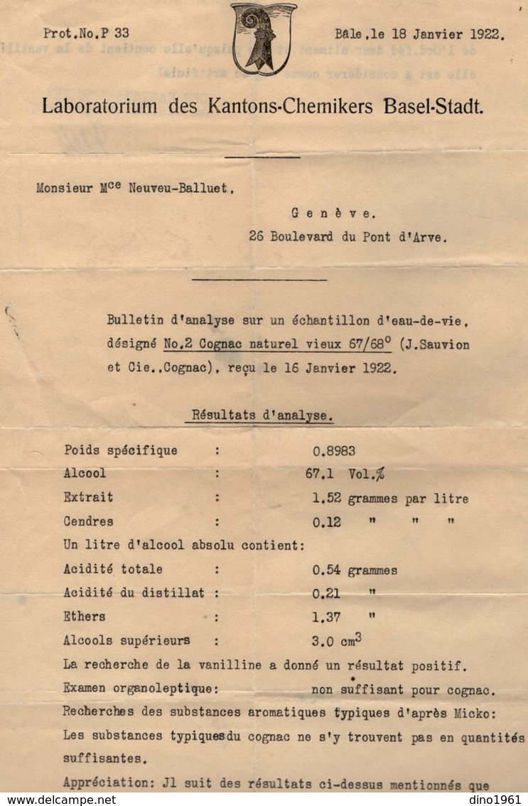 VP14.807 - BALE 1922 - Laboratorium Des Kantons - Chemikers Basel - Stadt - Bulletin D'Analyse D' Eau De Vie - COGNAC - Suiza