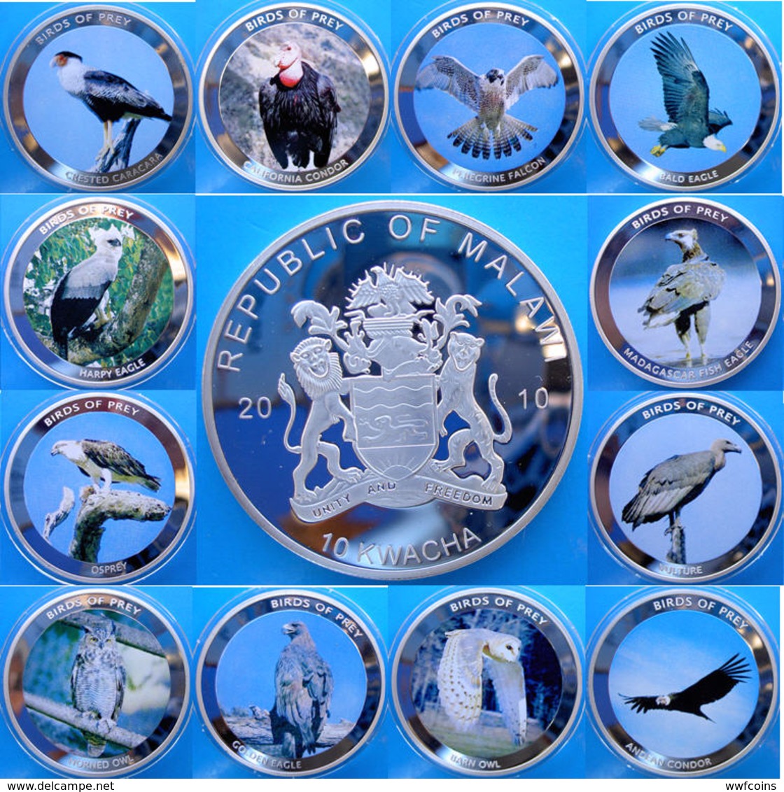 MALAWI AFRICA 12 COINS X 10 KWACHA 2010 PROOF SILVER PLATED GIANT COINS BIRDS OF PREY WEIGHT 49,6gX12 UNC. - Malawi