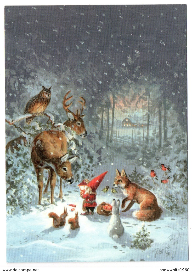 CHRISTMAS POSTCARD FINLAND - GNOME - FOREST ANIMALS - BIRDS / BULLFINCHES - Artist Signed: PARTANEN - 2015 - Autres & Non Classés