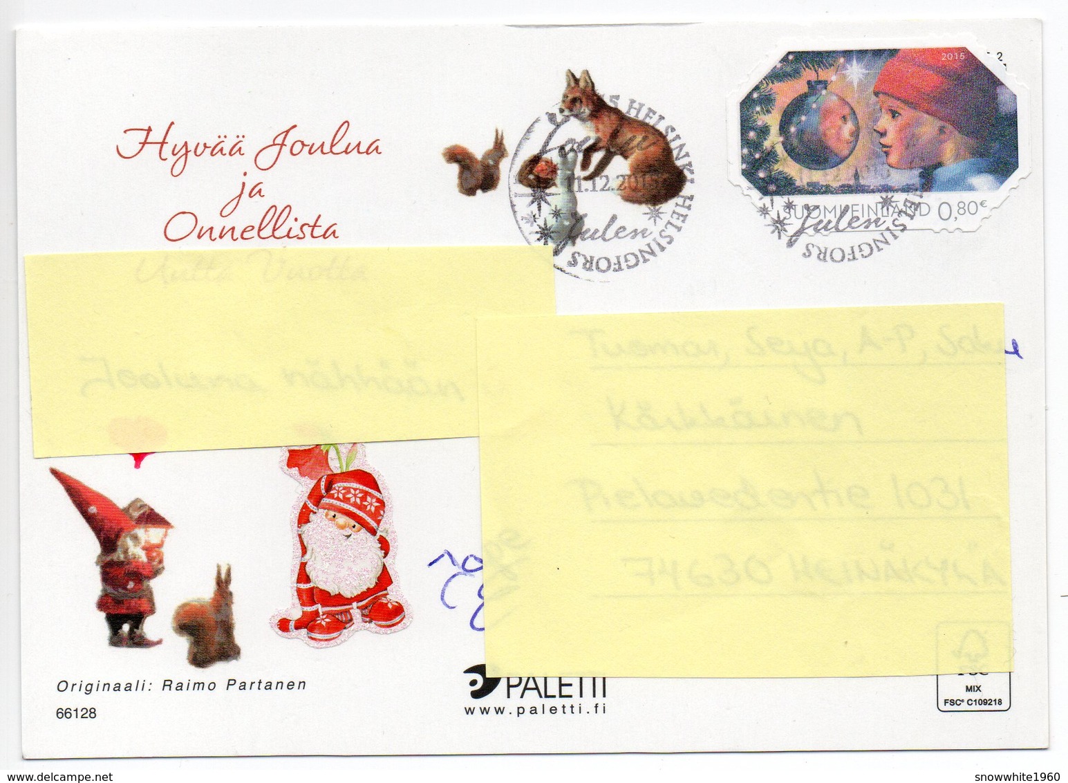 CHRISTMAS POSTCARD FINLAND - GNOME - FOREST ANIMALS - BIRDS / BULLFINCHES - Artist Signed: PARTANEN - 2015 - Otros & Sin Clasificación