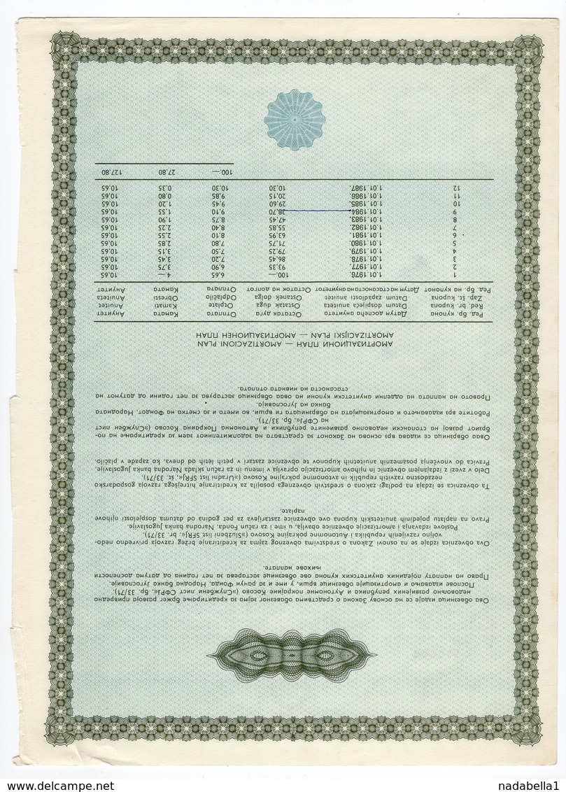 YUGOSLAVIA, 1972  GOVERNMENT BOND FOR DEVELOPMENT OF KOSOVO REGION, 100 DINAR - Other & Unclassified