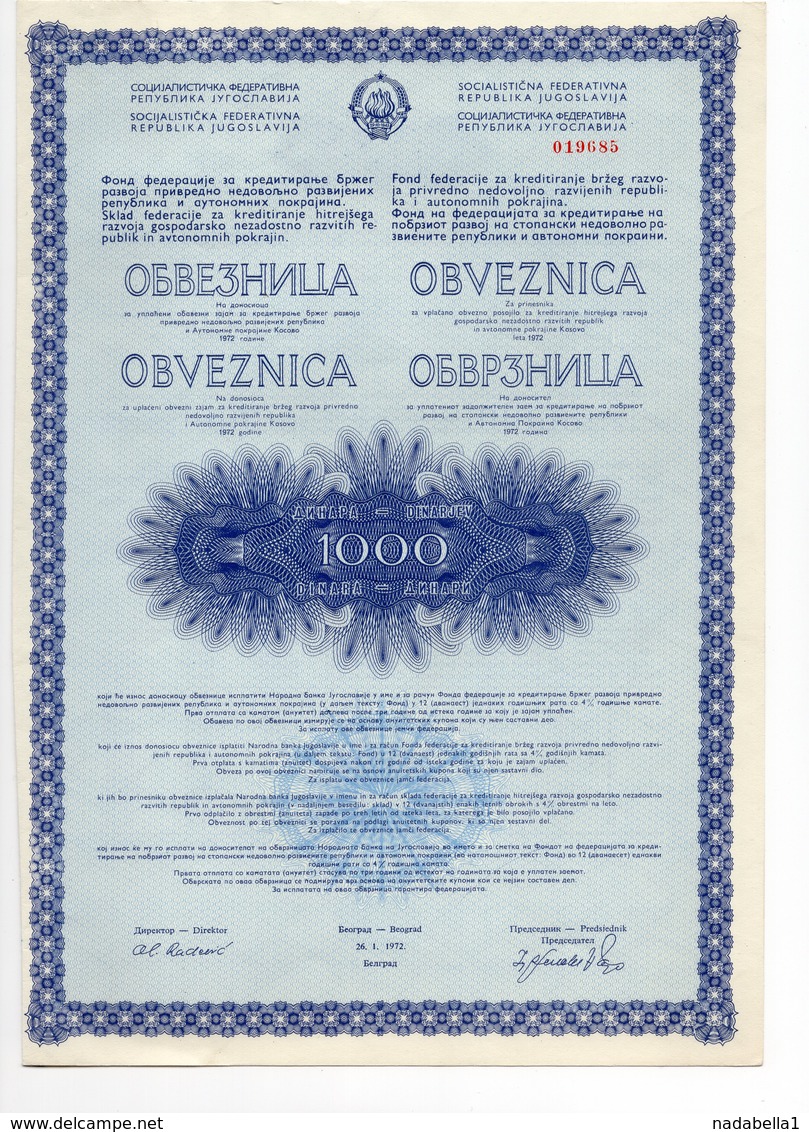 YUGOSLAVIA, 1972  GOVERNMENT BOND FOR DEVELOPMENT OF KOSOVO REGION, 1000 DINAR - Other & Unclassified