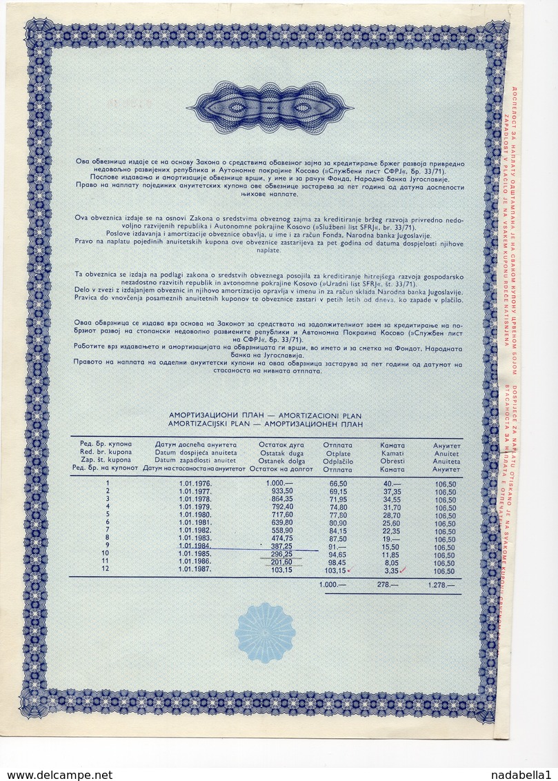 YUGOSLAVIA, 1972  GOVERNMENT BOND FOR DEVELOPMENT OF KOSOVO REGION, 1000 DINAR - Other & Unclassified