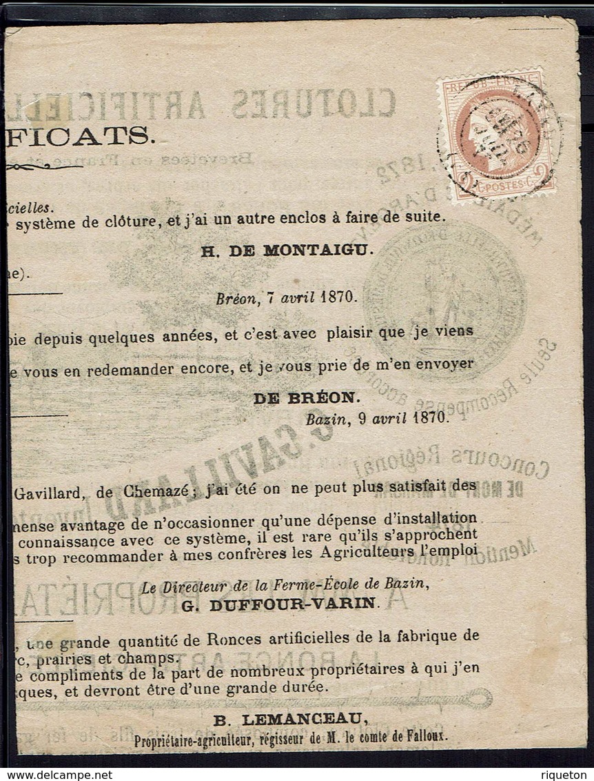 FR "Clôtures Artificielles Infranchissables G. Gavillard Inventeur à Chemaze - Cérès 51 Oblitération Laval 26 Juillet 72 - 1871-1875 Cérès