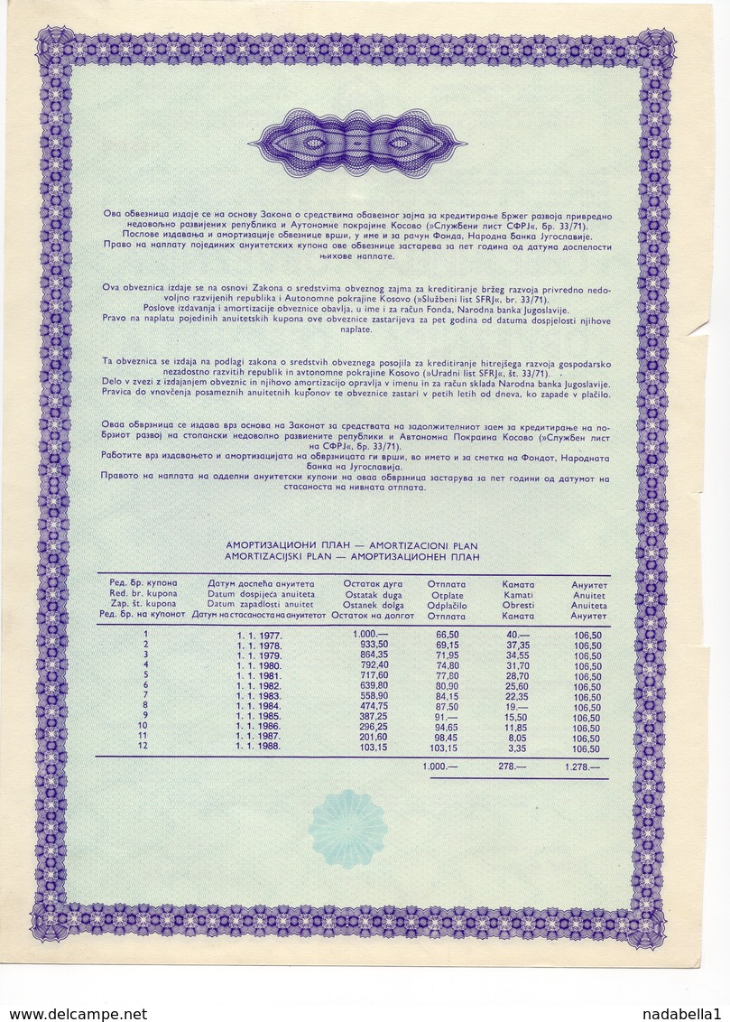 YUGOSLAVIA, 1974 GOVERNMENT BOND FOR DEVELOPMENT OF KOSOVO REGION, 1000 DINAR - Sonstige & Ohne Zuordnung