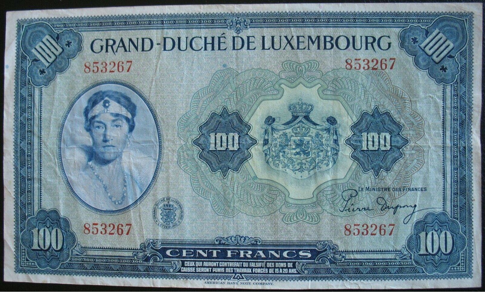 Luxembourg 1000 Fr. 1944, VF+. Large Note. - Luxemburg