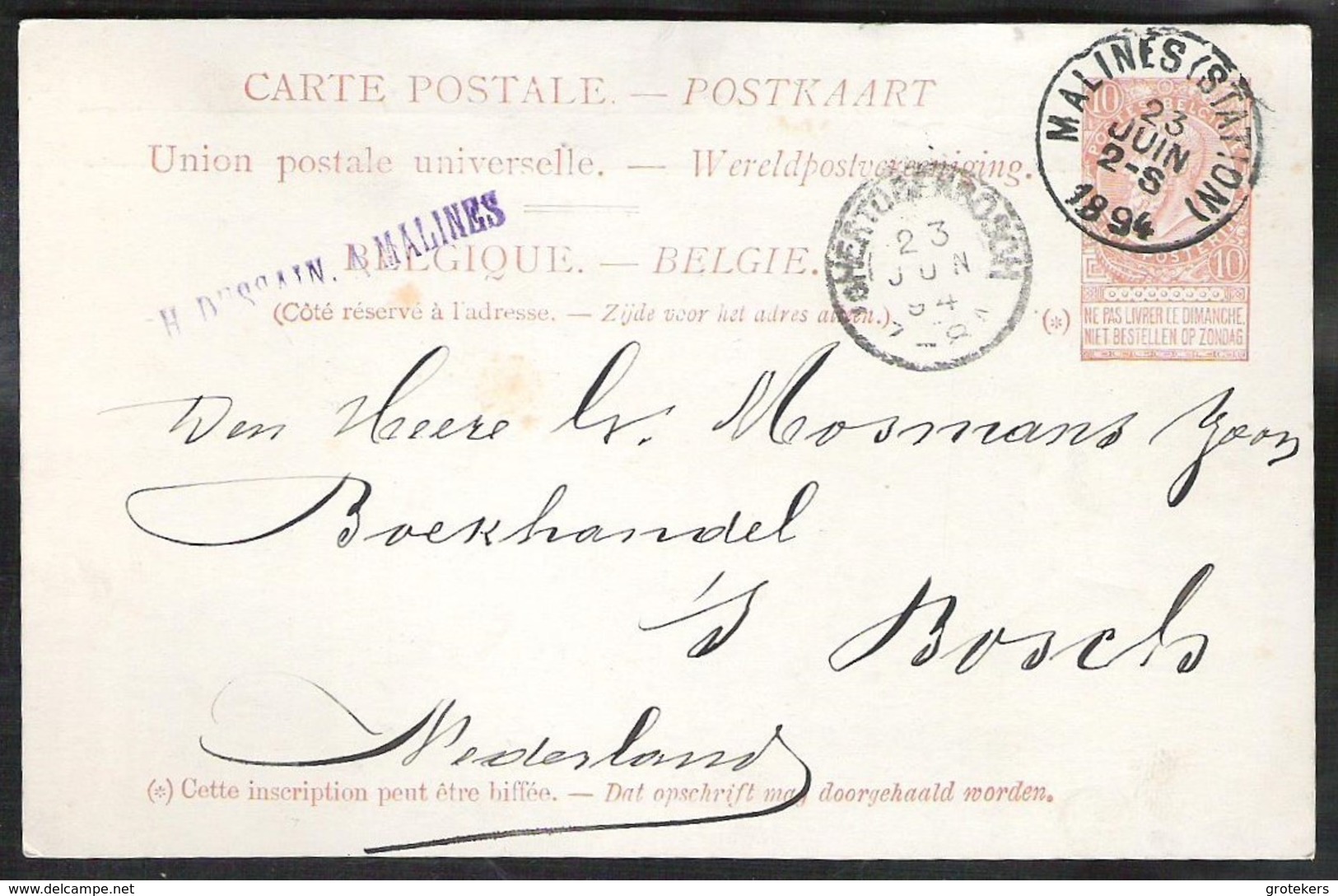 BELGIUM Postal Stationery Mi. P 31 Cancellation MALINES (STATION) Sent 1894 To ‘s-HERTOGENBOSCH (NL) - Briefkaarten 1871-1909