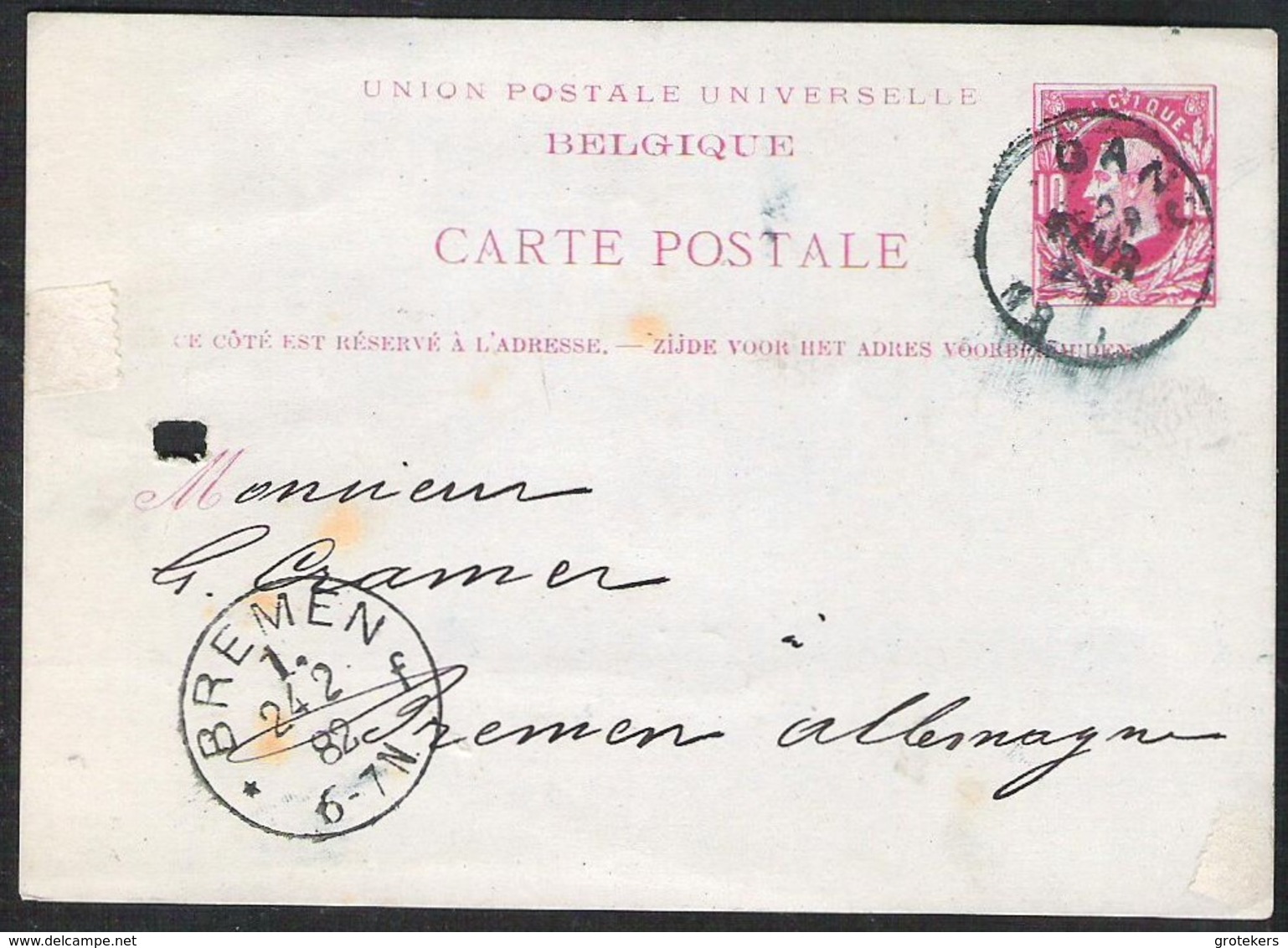 BELGIUM Postal Stationery Mi. P 15 Cancellation GAND Sent 1882 To BREMEN (Germany) - Briefkaarten 1871-1909