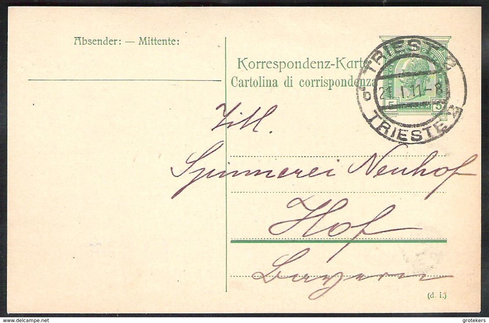 AUSTRIA Postal Stationery Mi. P 195 Sent 1911 From TRIEST 2 To HOF (Bayern) - Andere & Zonder Classificatie