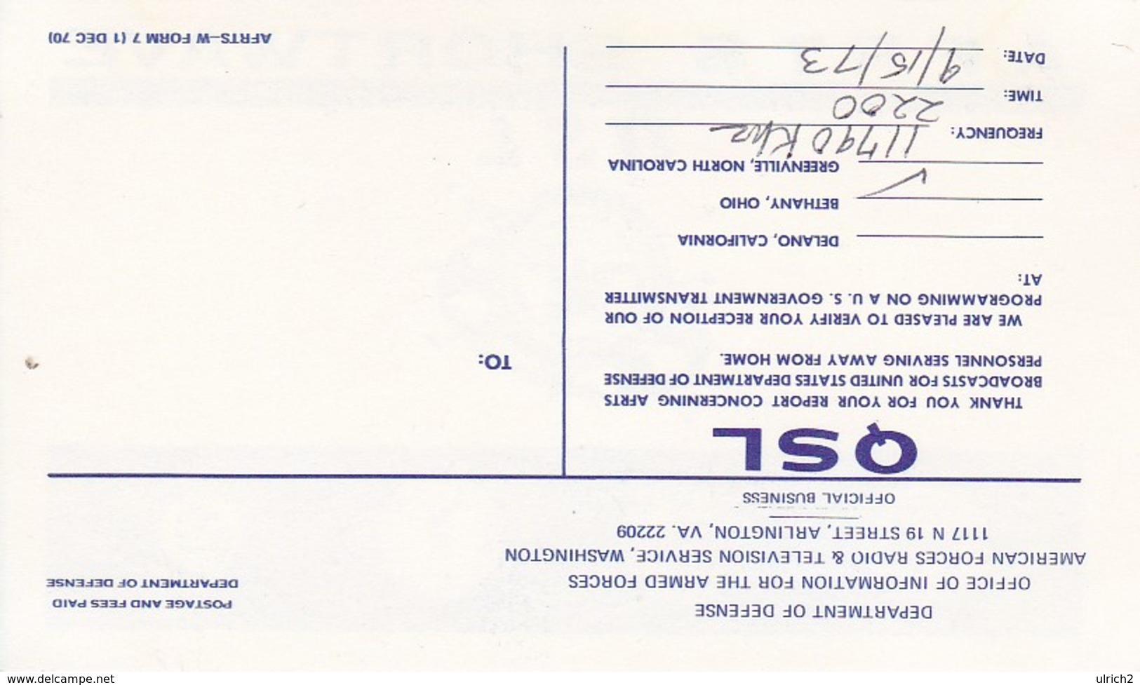 QSL Card American Forces Radio & Television Service AFRTS Shortwave 1973 (40591) - Radio