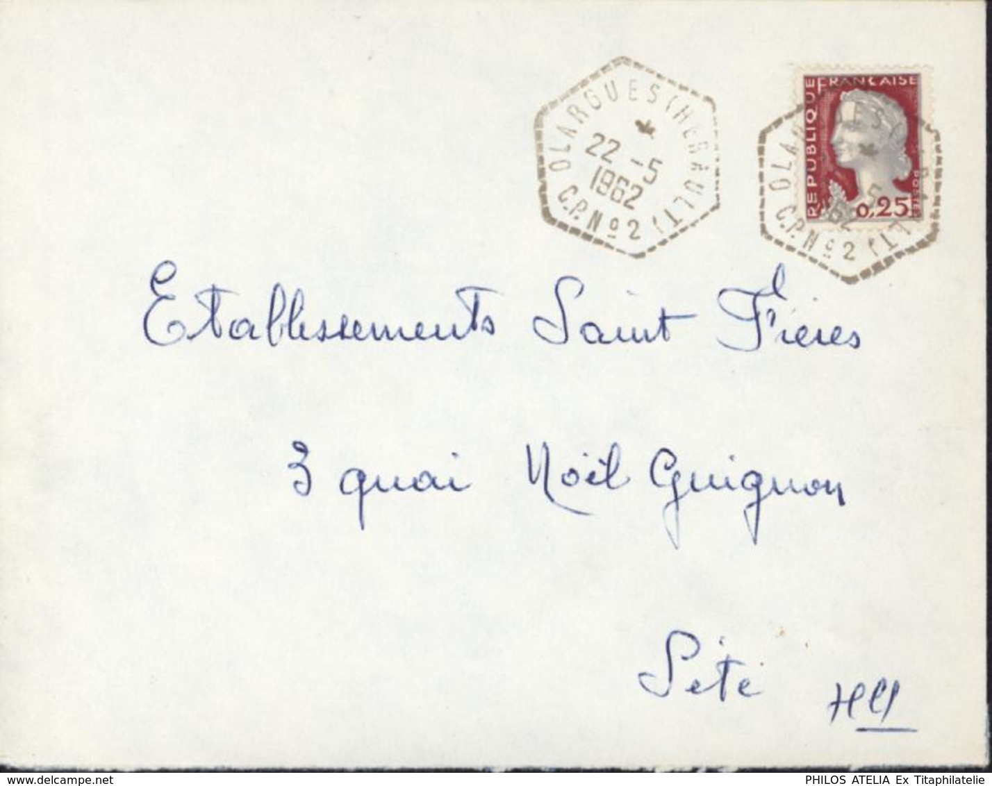 34 Hérault Cachet Type G Correspondant Postaux Modèle 1 Poste Automobile Rurale Hexagonal Perlé Olargues CP N2 22 5 62 - 1961-....