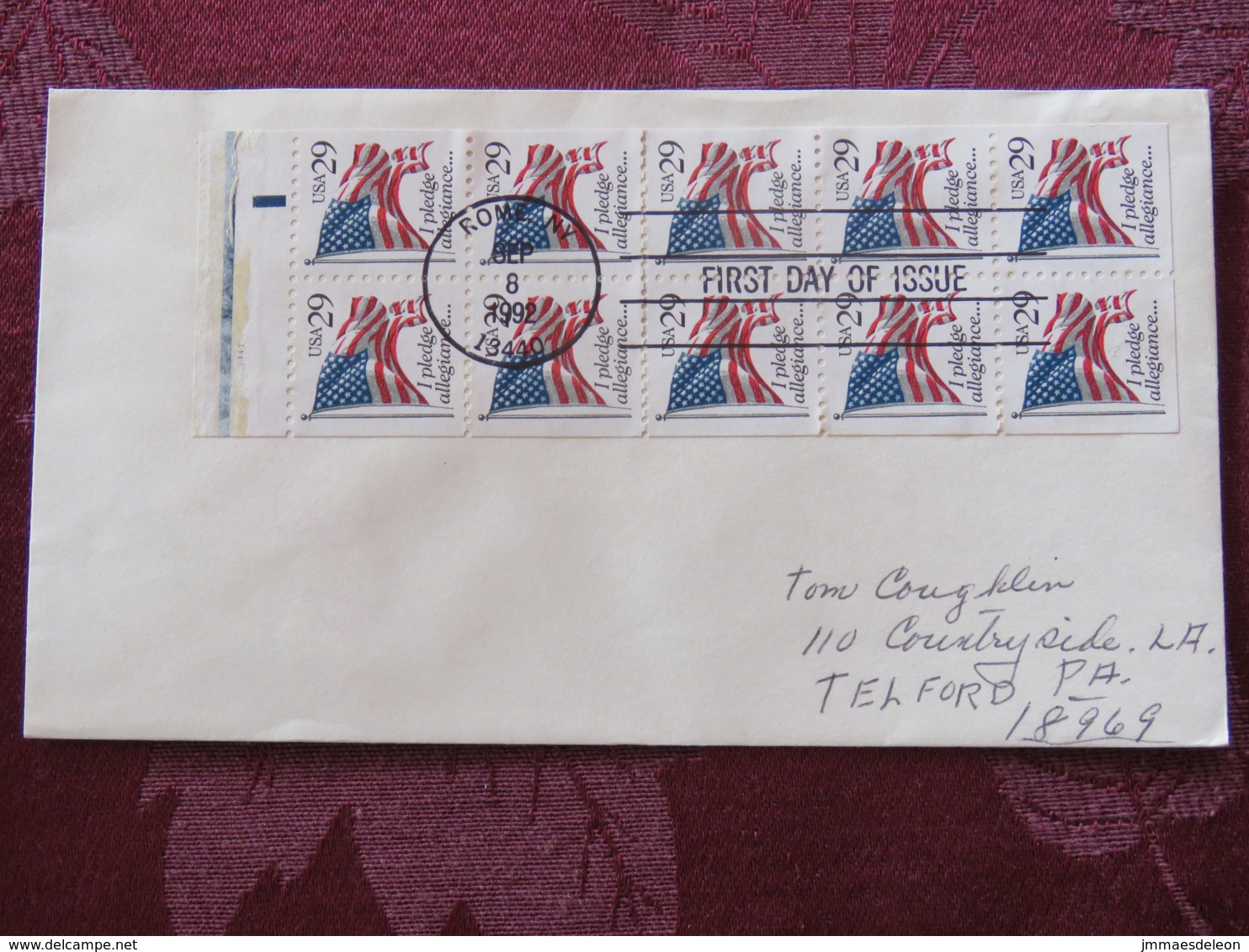 USA 1992 FDC Cover Rome - Flag (booklet Pane) 29c - Lettres & Documents