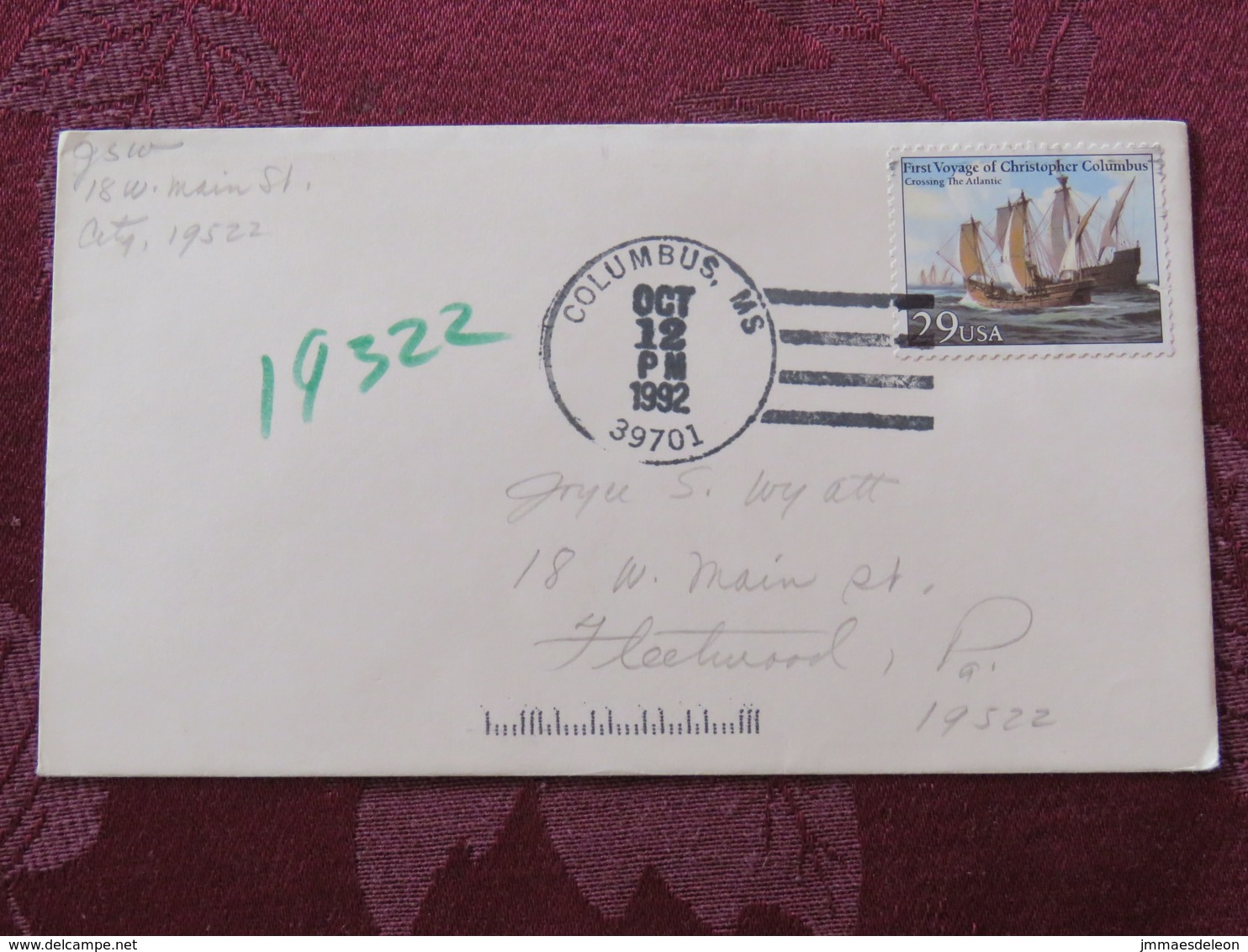 USA 1992 Special "Columbus, MS" Cover - Voyages Of Columbus - Ships - Lettres & Documents