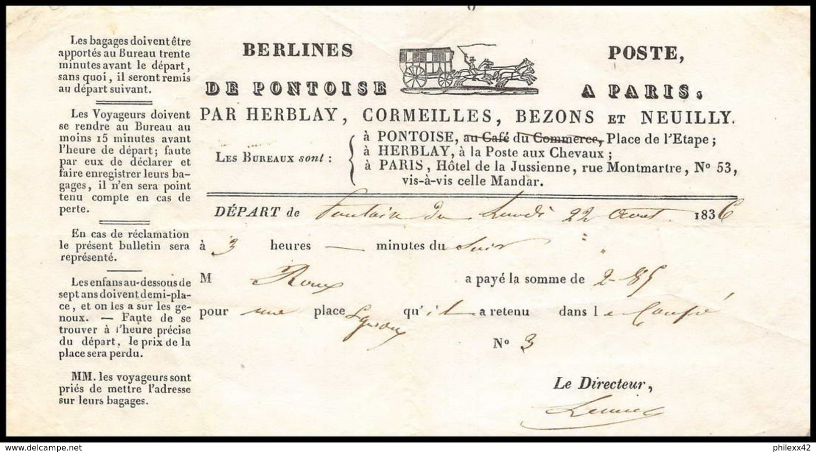 51393 Berlines De Pontoise Diligence 1836 Bezons Neuilly Cormeilles Herblay Document - 1801-1848: Précurseurs XIX