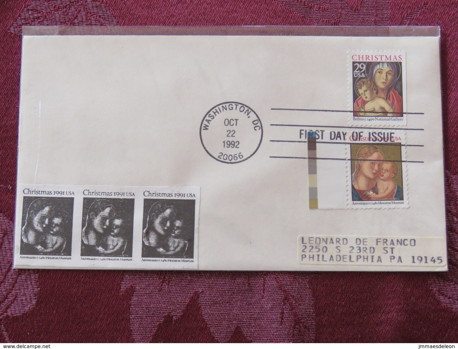 USA 1992 FDC Cover Washington - Christmas - Virgin And Child By Bellini - Antoniazzo - Lettres & Documents