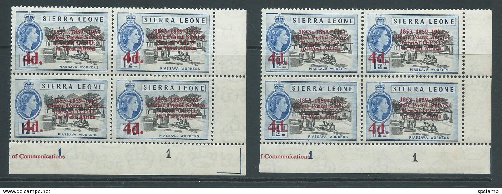 Sierra Leone 1963 Postal Anniv. 4d  " Asterisk For Hyphen " Variety MNH In 2 Plate # Blocks Showing Different States Of - Sierra Leone (1961-...)