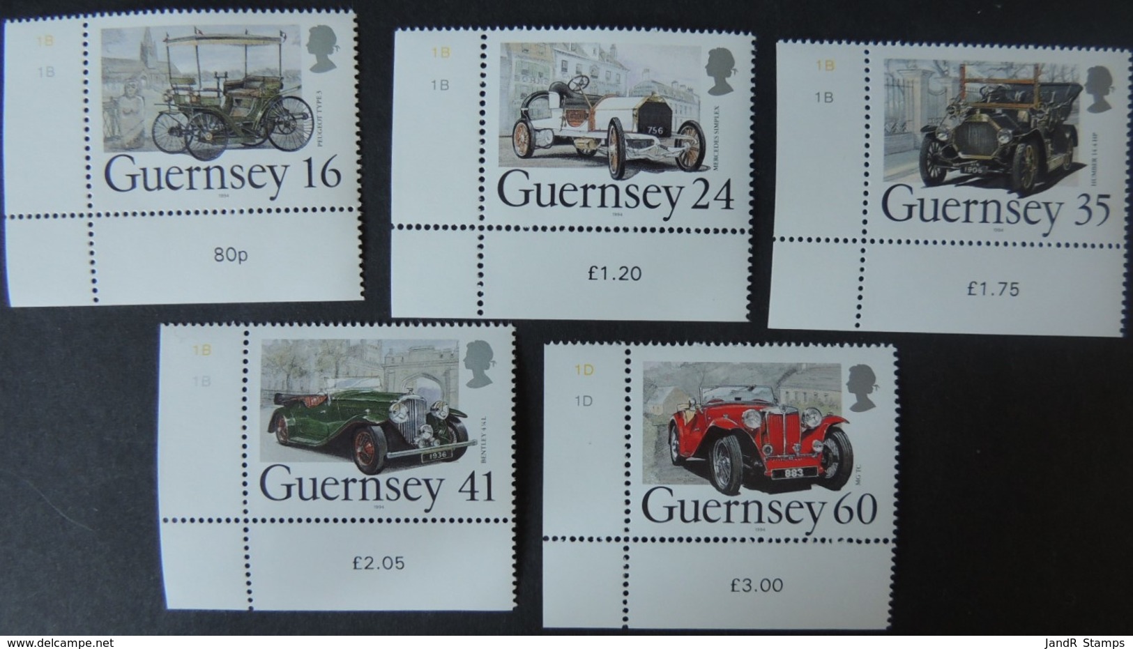 GUERNSEY 1994 CENTENARY OF FIRST CAR SET OF 5 MNH SG639-643 VINTAGE PEUGOT MERCEDES HUMBER BENTLEY MG - Guernsey