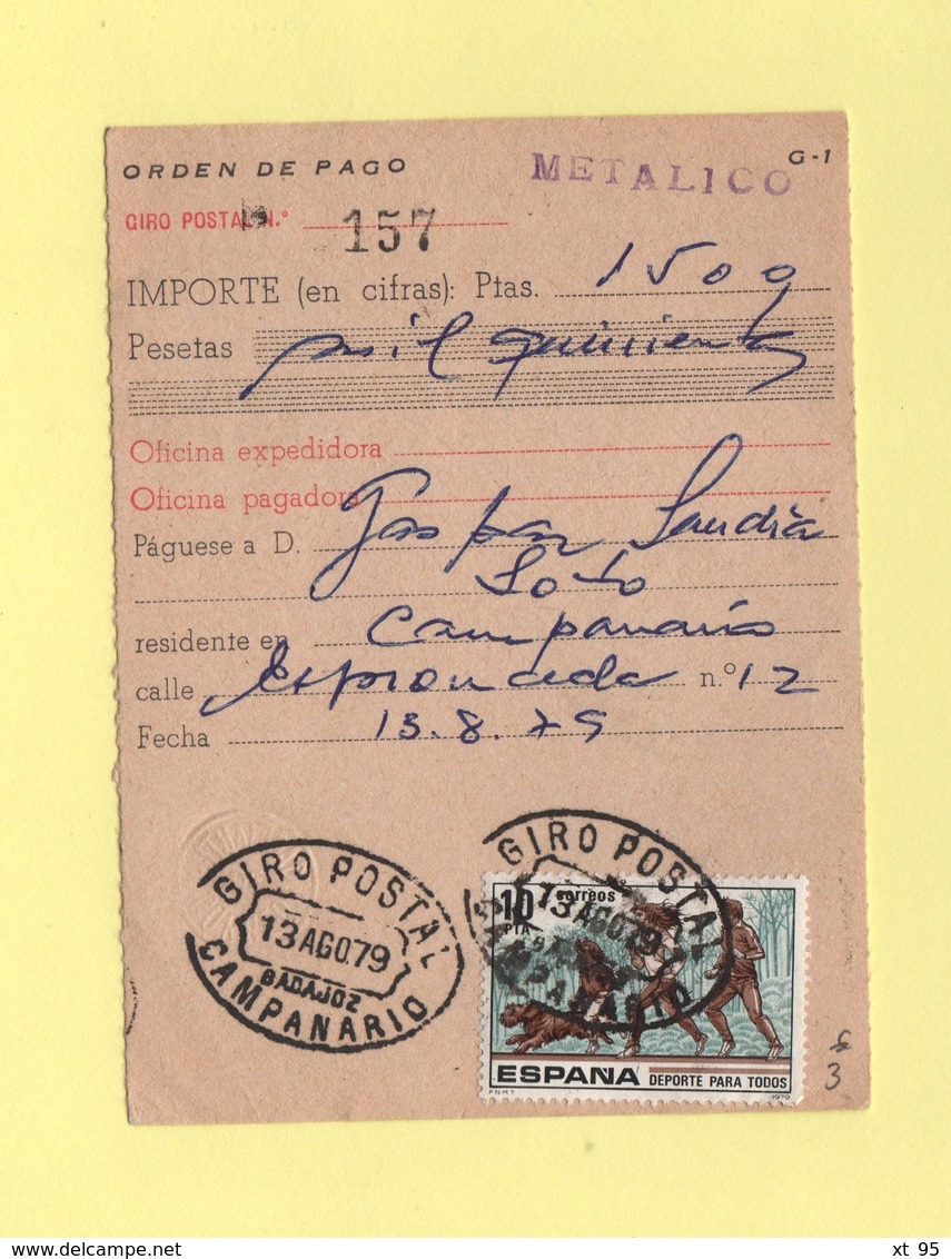 Espagne - Ordre De Paiement - Giro Postal Campanario - 1979 - Cartas & Documentos