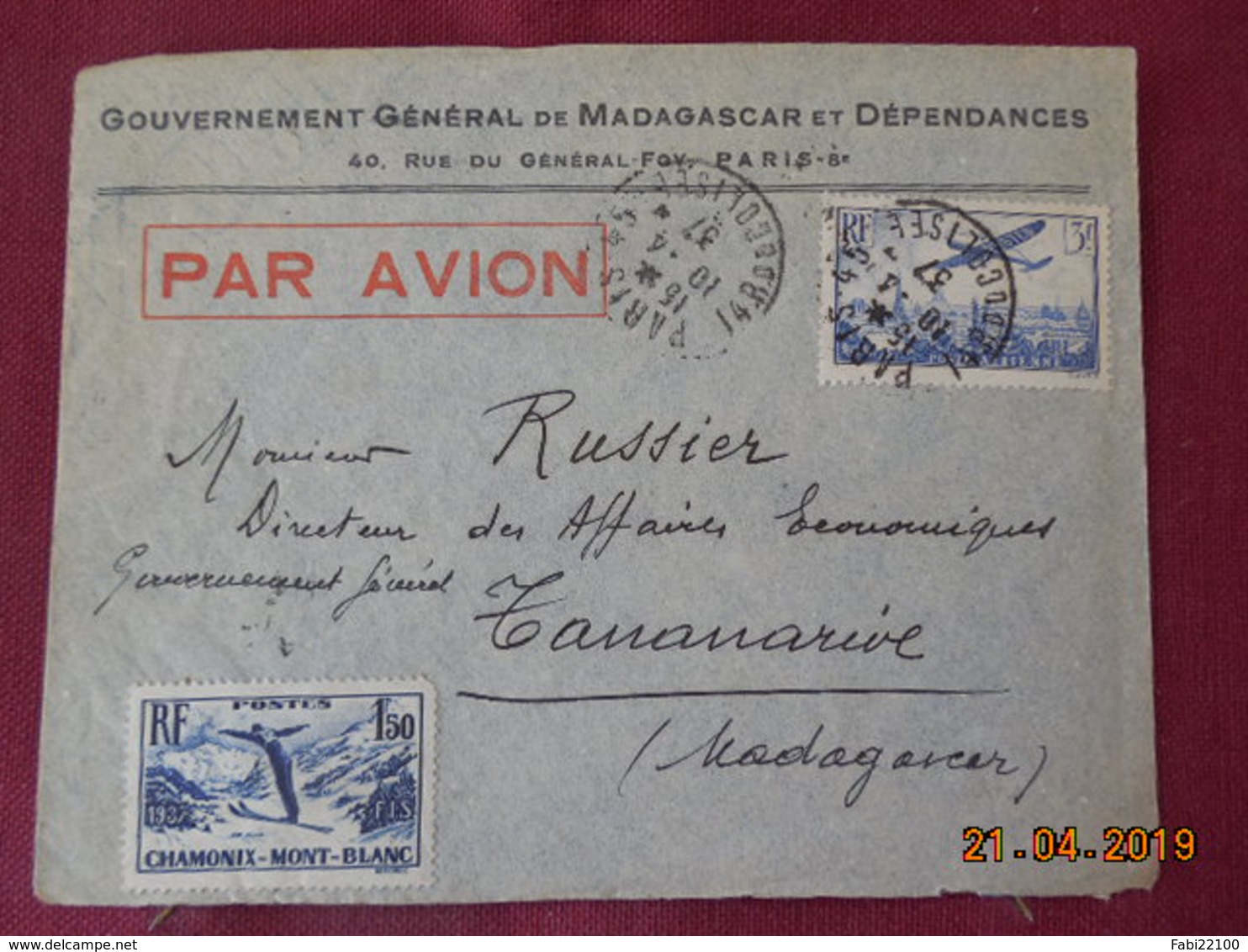 Lettre De 1937 à Destination De Tananarive Par Avion - 1921-1960: Moderne