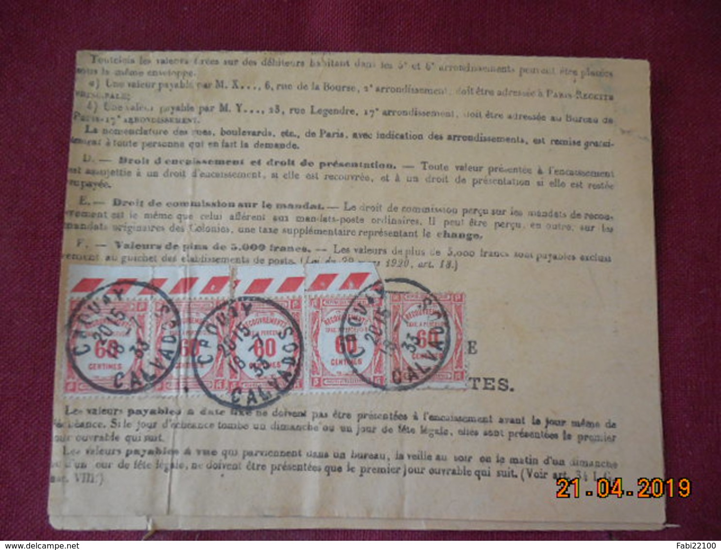 Bordereau De 1933 ( Valeurs à Recouvrer) à L'intérieur Bloc De 10 Timbres Taxes Oblitéré - 1921-1960: Modern Period