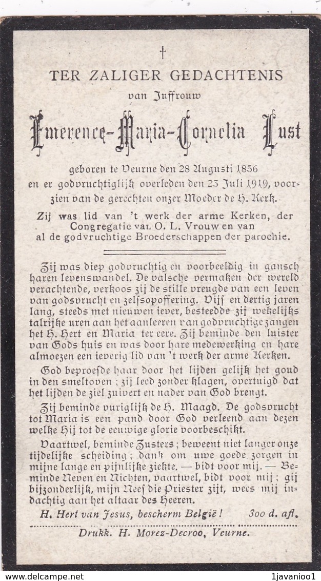 Veurne, 1919, EmerenceLust, - Devotieprenten