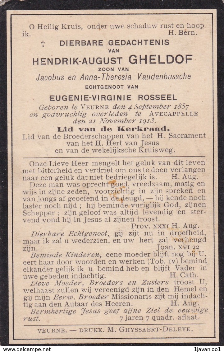 Veurne, Avecapelle, Avekapelle, 1913, Hendrik Gheldof, Vandenbussche, Rosseel - Devotieprenten