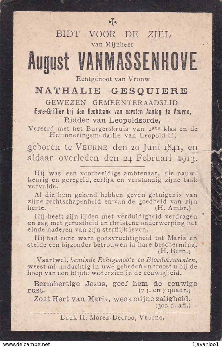 Veurne, 1913, August Van Massenhove, Gesquière - Devotieprenten