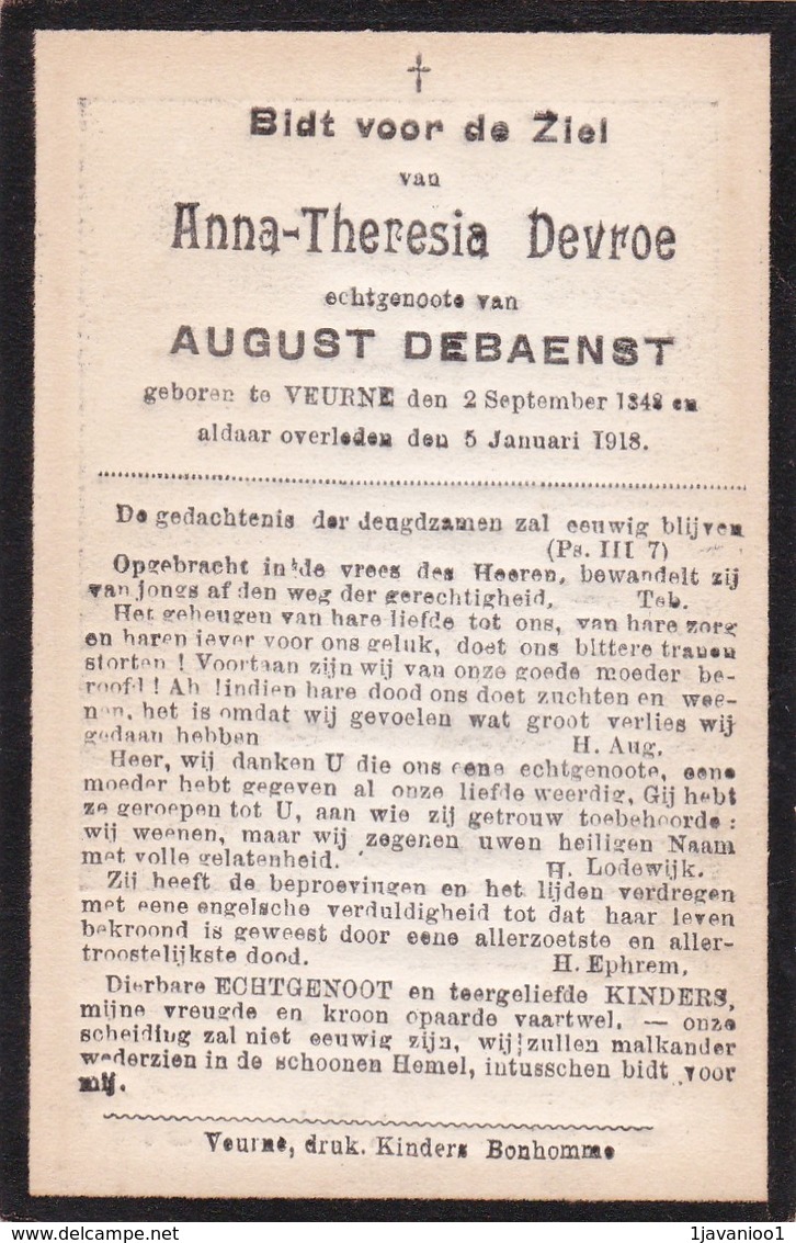 Veurne, 1918, Anna Devroe, Debaenst - Devotieprenten