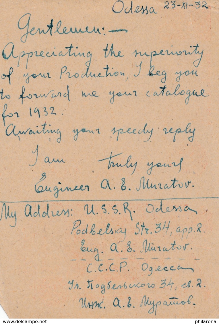 Russland: 1932: Odessa Ganzsache Nach USA - Sonstige & Ohne Zuordnung
