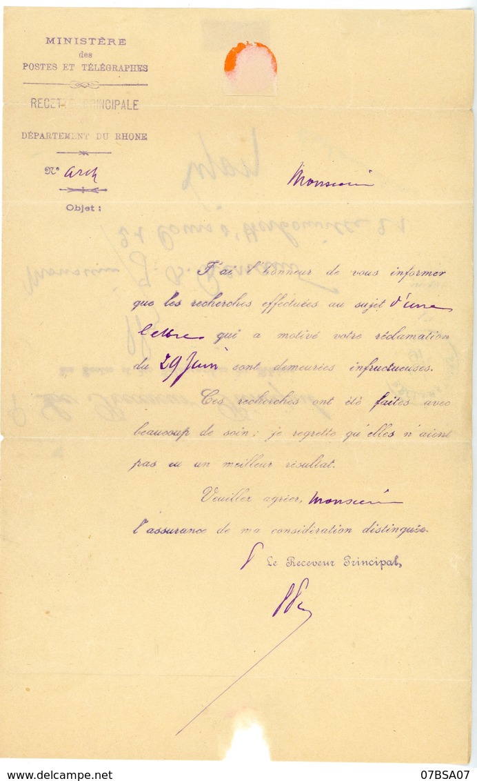 RARE RECHERCHE LETTRE SUITE RECLAMATION LYON FABRICATION LOCALE CACHET RARE 1891 RECLAMATIONS LYON ET CONTRESEING " Le R - 1877-1920: Période Semi Moderne