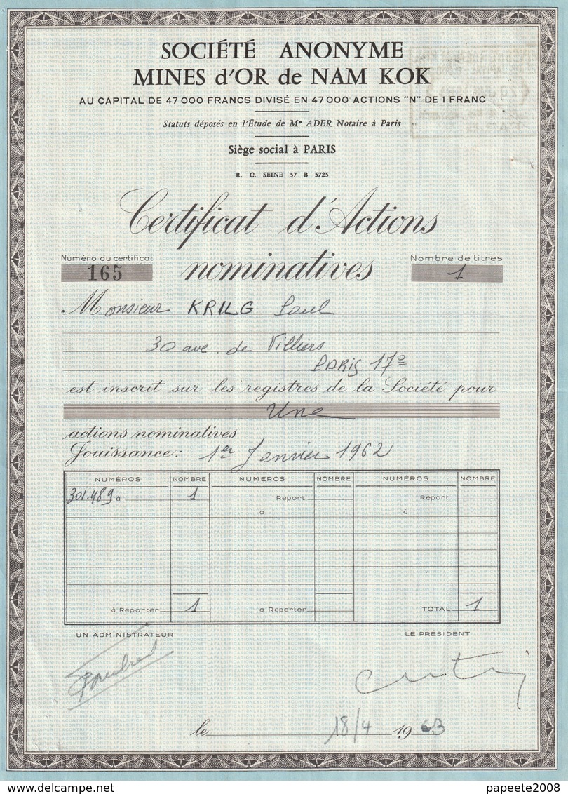 Indochine - Mines D'or De Nam Kok - Certificat D'actions Nominatives / 1963 - Asia