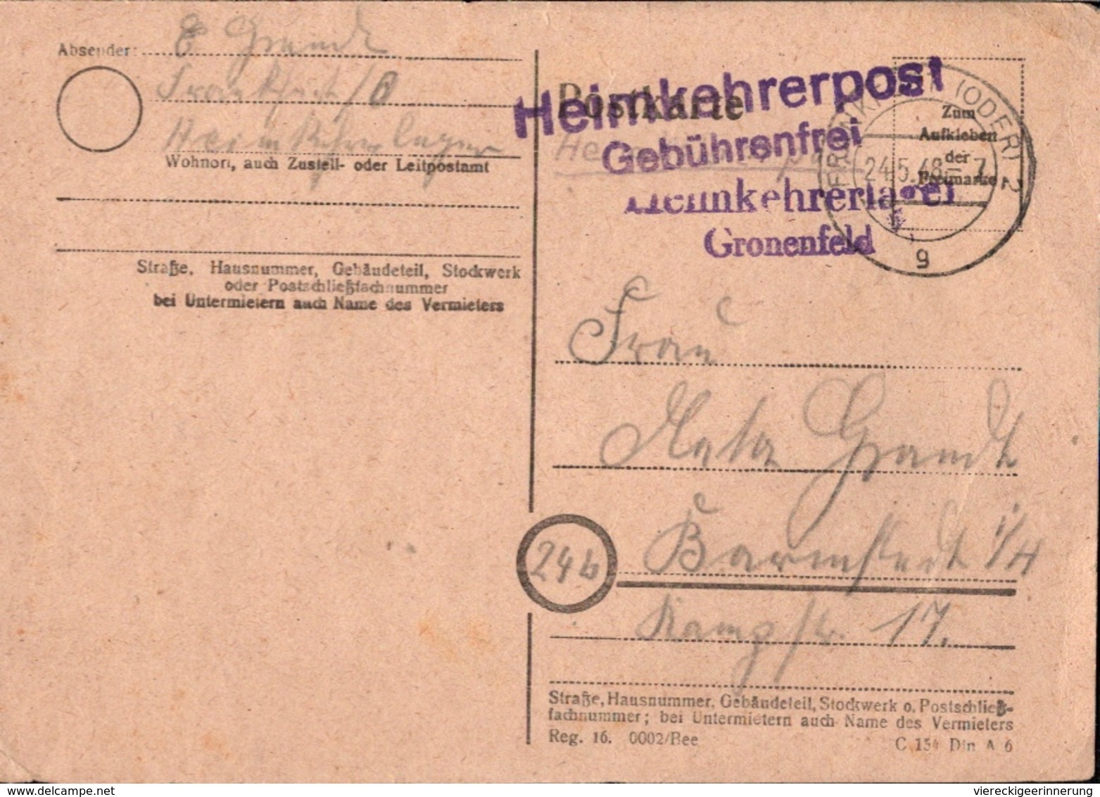 ! 1948 Heimkehrerpost, Heimkehrerlager Gronenfelde Bei Frankfurt Oder. Gel. N. Barmstedt - Sonstige & Ohne Zuordnung