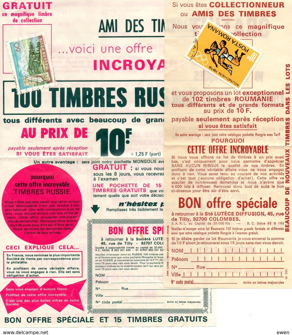 2 Publicités Philatéliques Années 70 Lutèce Diffusion. (Avec Timbre) - Non Classés