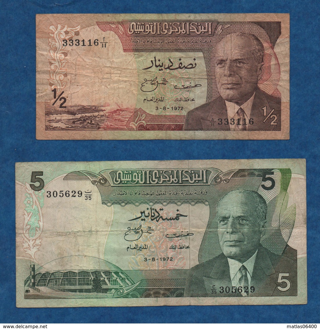 TUNISIE-  3 08 1972 - 2 Billets ( 1/2 Et 5  Dinars )   Cat World - 66 Et 68   Circulés    Voir Scans - Tunisie