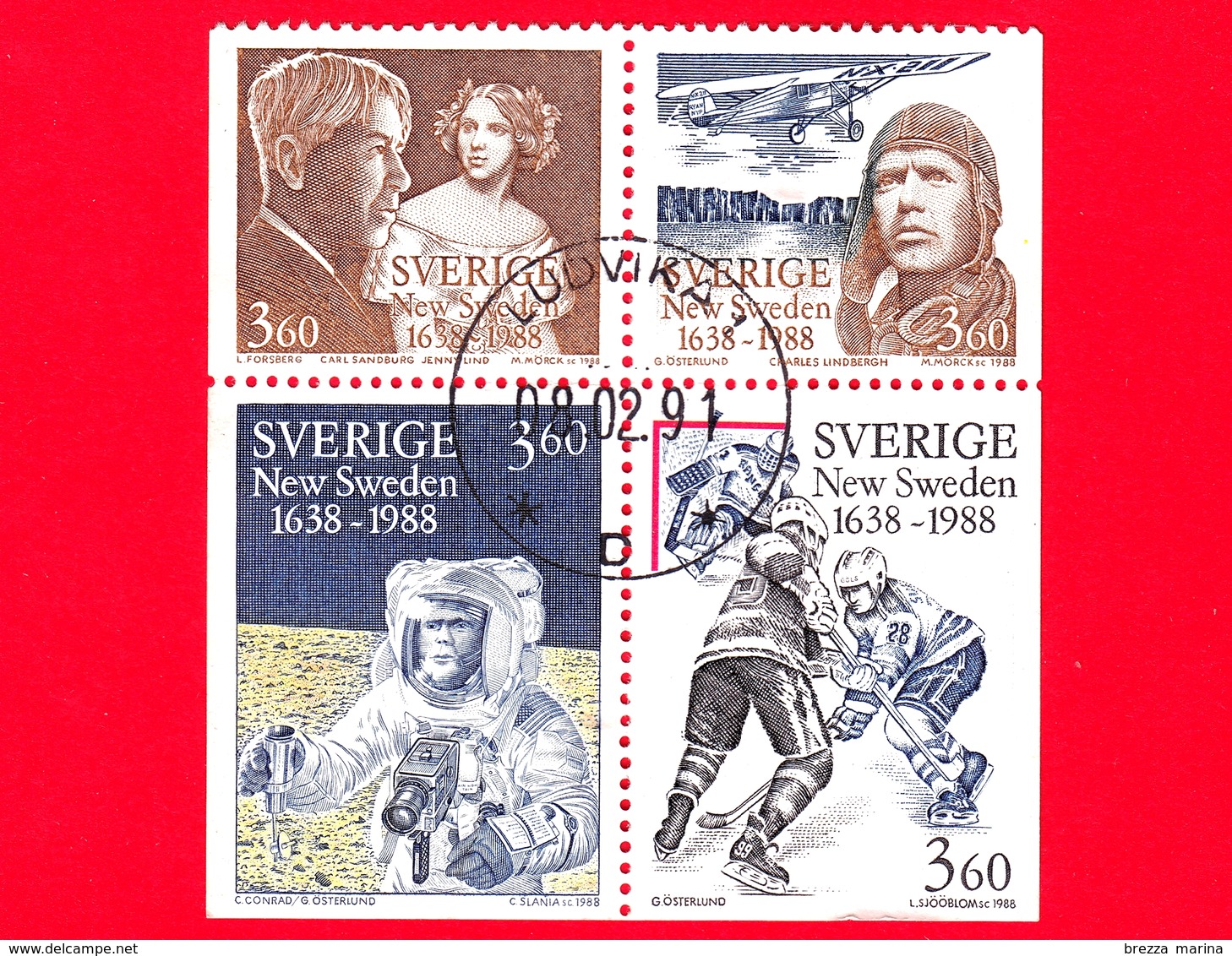 SVEZIA - Usato - 1988 - 350° Anniversario Di New Sweden - Sandburg - Lindbergh - Bean - Ice-hockey - 3.60 - Usati