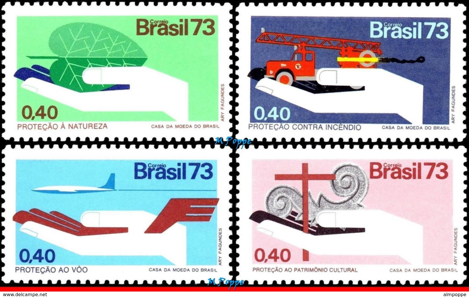 Ref. BR-1304-07 BRAZIL 1973 HEALTH, PROTECTION CAMPAIGN,FIRE,, AVIATION SAFETY,ART,MI# 1390-94,MNH 4V Sc# 1304-1307 - Feuerwehr