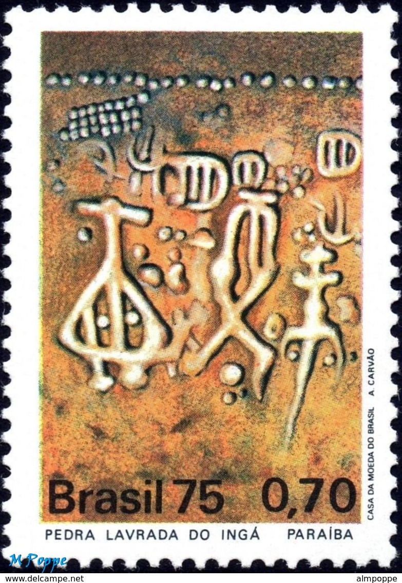 Ref. BR-1398-00 BRAZIL 1975 ARCHAEOLOGY, PETRIFIED FISH, CERAMICS,, STONE,PETROGLYPHS,MI# 1491-93,MNH 3V Sc# 1398-1400 - Porcelaine